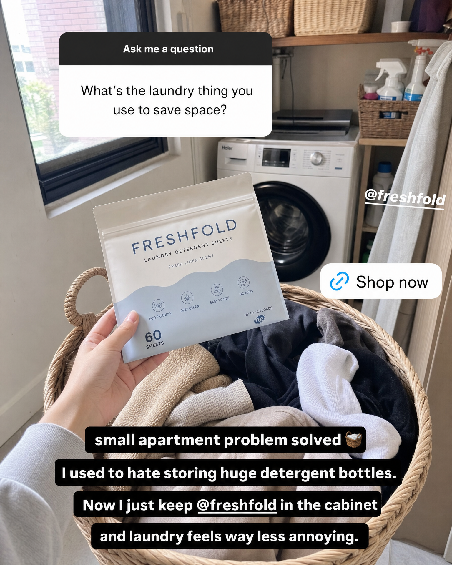 FRESHFOLD organic Instagram Story laundry sheets ad concept